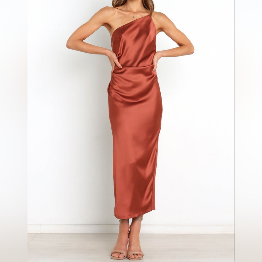 Petal & Pup Rust Luella Satin One Shoulder Draped Cocktail Midi‎ Slip Dress 2US